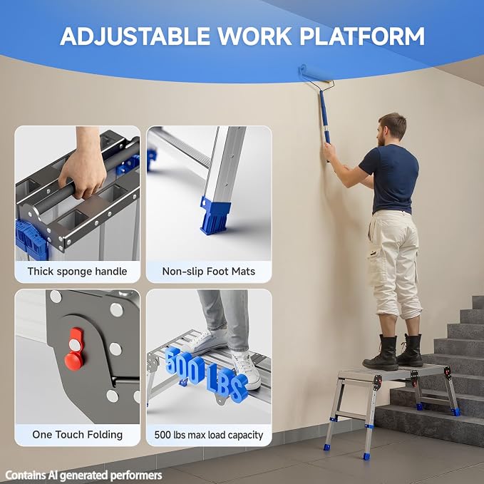 Loyoda Folding Work Platform for Adults, Aluminum Foldable Step Stool Adjustable Height, Lightweight and Durable Portable Outdoor Aluminum Step Ladder, Maximum Load Capacity of 500 Pounds.