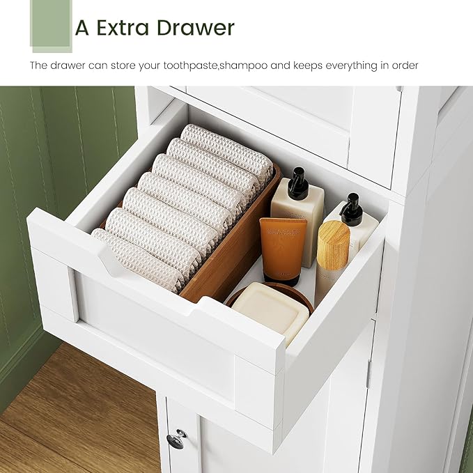 Iwell Tall Bathroom Cabinet, Slim Narrow Bathroom Storage Cabinet with Adjustable Shelves, Storage Cabinets with 1 Drawer, for Bathroom, Living Room, Entryway, Kitchen, White