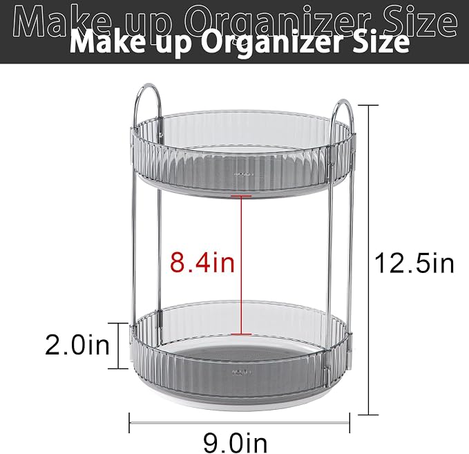 shuang qing Rotating Makeup Organizer for Vanity, High-Capacity Skincare Clear Make Up Storage Perfume Organizers Cosmetic Dresser Organizer Countertop 360 Spinning (Gray, 2 Tier)