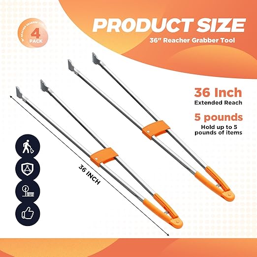 4 Pack 36" Reacher Grabber Tool Lightweight Litter Pick up Sticks Aluminum Rustproof Trash Grabber Garbage Picker Grabber Garden Leaf Cleaning Trash Tong Reaching Assist Tool for Elderly
