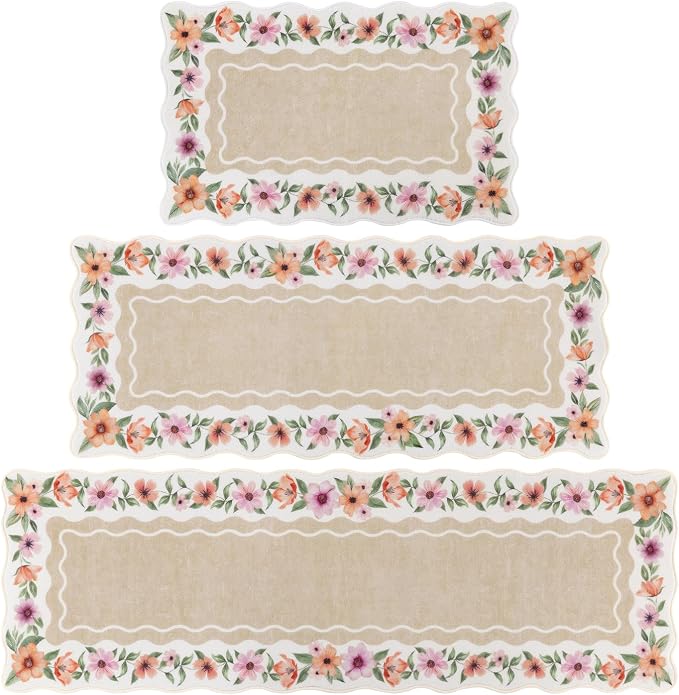 Vaukki Boho Kitchen Rug Sets 3 Pieces, Washable Kitchen Mats for Floor, Non Slip Soft Kitchen Area Rug Floor Mat for Kitchen, Laundry Room and Hallway (Flower-Beige, 20''x32''+20''x47''+20''x59'')