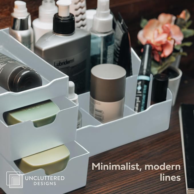 Uncluttered Designs Large Makeup Organizer for Vanity - Countertop Desk With Drawers for Cosmetic, Beauty, Hair, Nail, Perfume & Skincare - Perfect for Bathroom & Bedroom Storage (White)