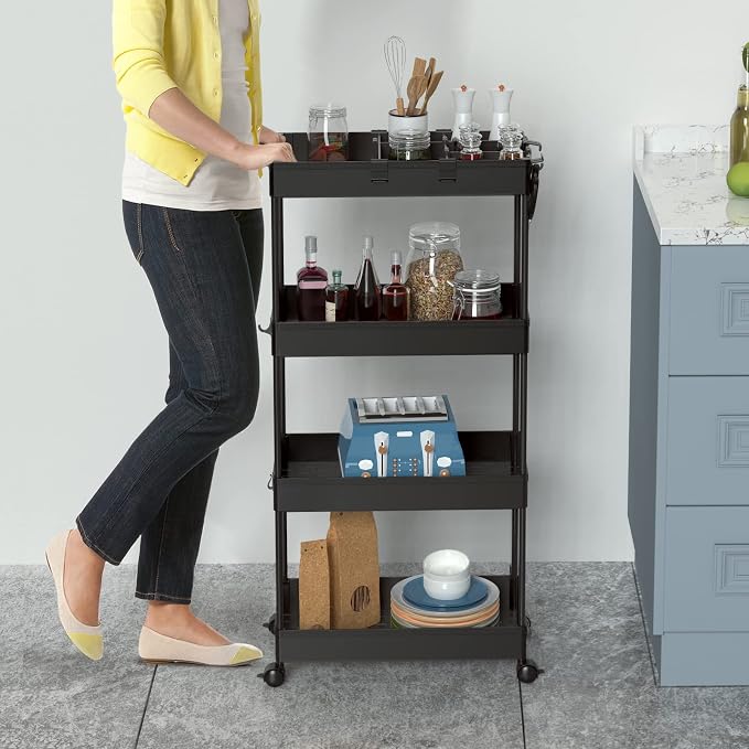 SPACELEAD 4 Tier Rolling Cart with Wheels, Storage Craft Art Trolley Organizer Serving, 3 Hanging Baskets Easy Assembly, for Office, Living Room, Kitchen
