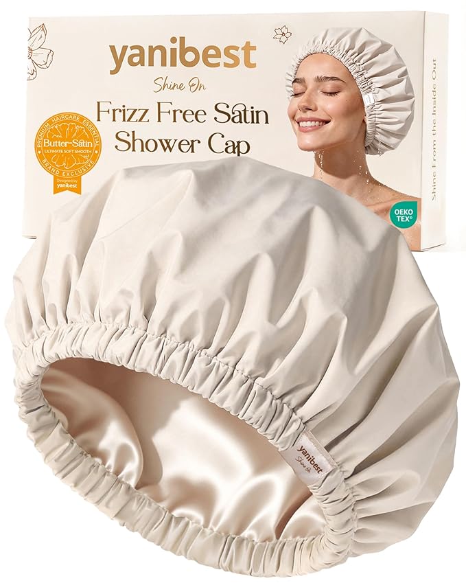 Yanibest Satin Lined Shower Cap for Women Reusable Waterproof, Frizz Free & Large Bath Cap with Soft Elastic Band, Luxury Hair Protection Caps (Beige)