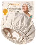 Yanibest Satin Lined Shower Cap for Women Reusable Waterproof, Frizz Free & Large Bath Cap with Soft Elastic Band, Luxury Hair Protection Caps (Beige)