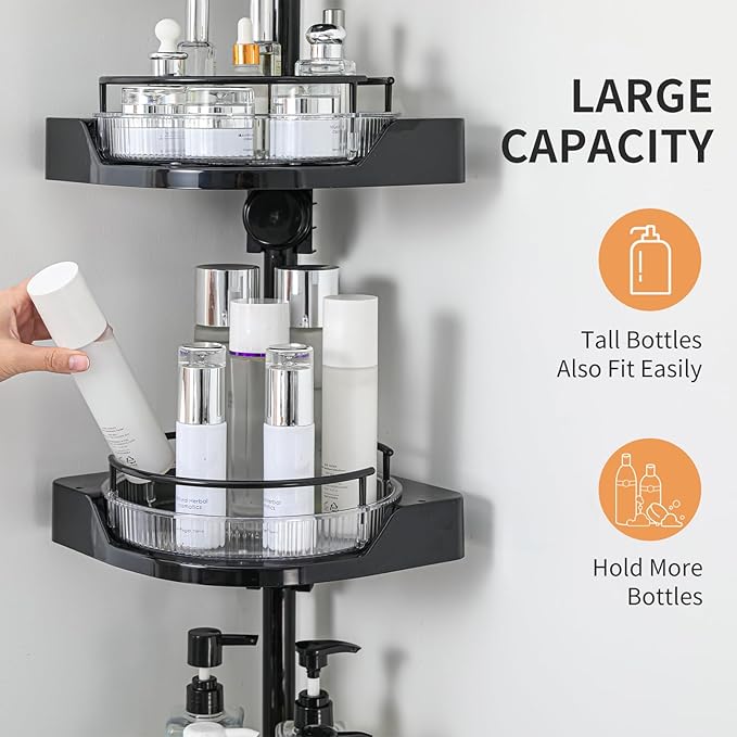 YCIA&DONE 360° Rotating Shower Caddy Tension Pole, 3 Tiers Corner Shower Organizer for Bathroom Shelf Bathtub, Adjustable Standing Shower Rack, Easily Assemble, 34-124 Inch Height, Black