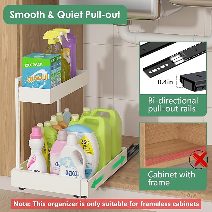 REALINN Expandable Under Sink Organizer with 6-Level Height Adjustment & Expandable Width, Pull-Out Cabinet Storage Rack with Quiet Sliding Rails for Kitchen, Bathroom, Laundry Room Cabinets, White