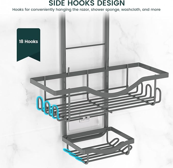 REINHARDT Shower Caddy Hanging Adjustable, Extended Length Rustproof Shower Caddy Over Shower Head with Hooks Soap Holder, Large Capacity Shower Organizer Anti-Swing Bathroom Organizer, Grey
