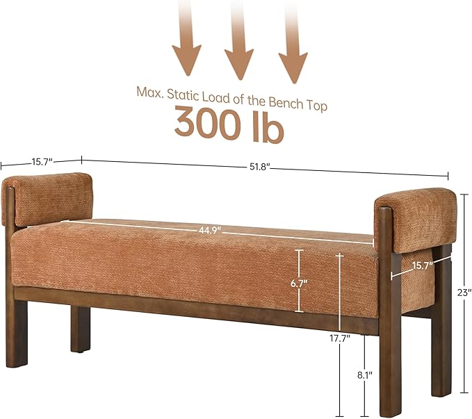VKNOW End of Bed Bench, 51.8” Modern Upholstered Bedroom Bench Indoor Bench with Arms, Entryway Bench with Solid Wood Frame for Bedroom Living Room, Orange