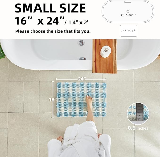 TYUU Waffle Bath Mat, Boho Bathroom Rugs Non Slip Washable Absorbent Checkered Bathroom Mat Quick Dry Cute Bath Mat, 24"x16" Blue and White