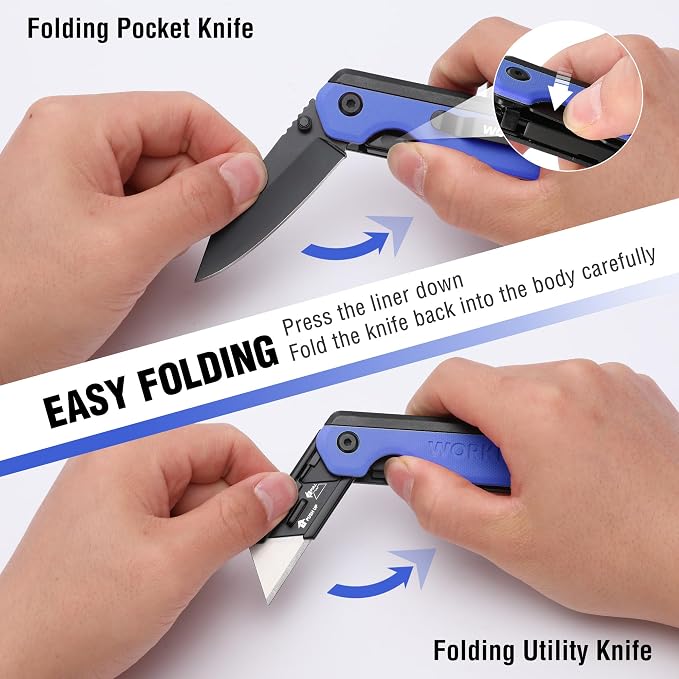 WORKPRO 2-in-1 Folding Knife/Utility Knife, Quick-Change Box Cutter with Belt Clip, Liner Lock, and G10 Handle, Extra 10 SK5 Blades Included, Blue
