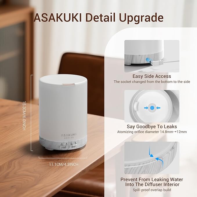 ASAKUKI Essential Oil Diffuser for Home, 300 ml Humidifier with Automatic Shut-Off, Quiet Aromatherapy Diffuser with 7 LED Lights for Living Room, Kitchen, Bedroom, Hotel - White Wood