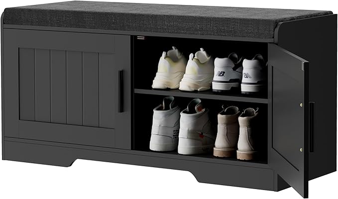 Homleke 2-Tier Storage Bench, Shoe Bench with Thickened Padded Seat Cushion, Entryway Bench with 2 Doors, Adjustable Shelf, 13.8" D x 37.4" W x 18.5" H, for Entryway, Living Room, Bedroom, Black