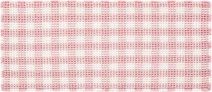 TYUU Waffle Runner Rug Bathroom, Long Boho Bathroom Rugs Non Slip Washable Absorbent Checkered Bathroom Mat Quick Dry Cute Bath Mat, 60"x24" Pink and White