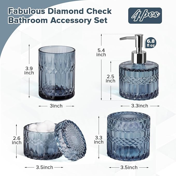 Blue Bathroom Accessories 4Pcs, Diamond Glass Bathroom Accessory Set, Bathroom Set with Soap Dispenser, Blue Bathroom Decor with Toothbrush Holder, Qtip Holder for Bathroom, Countertop