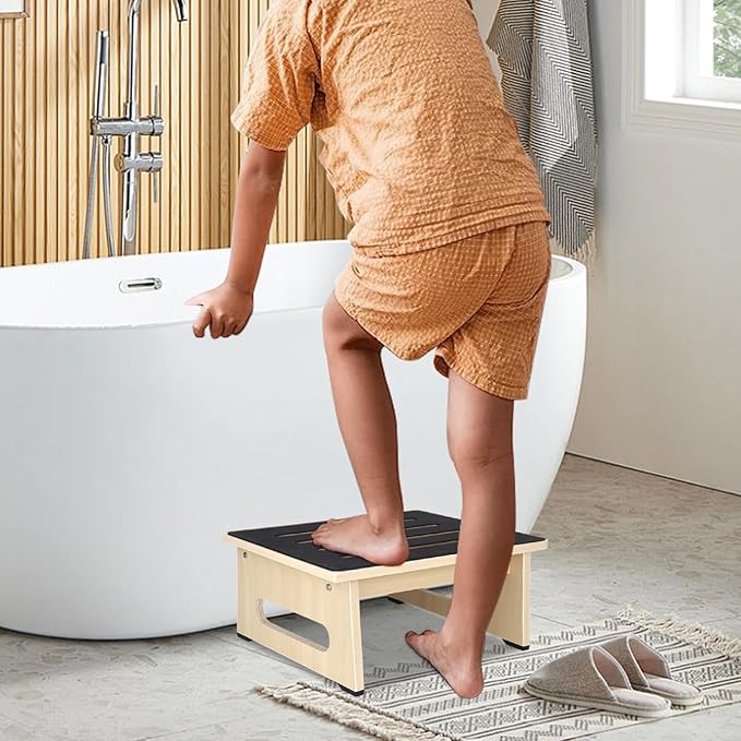 One Step Stool with Non-Slip Rubber Stepping Feet, Heavy Duty Wooden Step Stools, 450 LB Portable Bed Steps for High Beds for Bathroom, Bedroom, Kitchen & Bedside Support