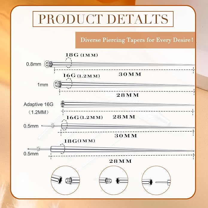 GEMQUEEN Piercing Taper Ball Grabber Tool for Changing Jewelry - 14G 16G 18G 20G Stainless Steel Flat Back Earrings Applicator Tool Threadless Insertion Pin Thread Body Piercing Kit for Ear Nose Lip