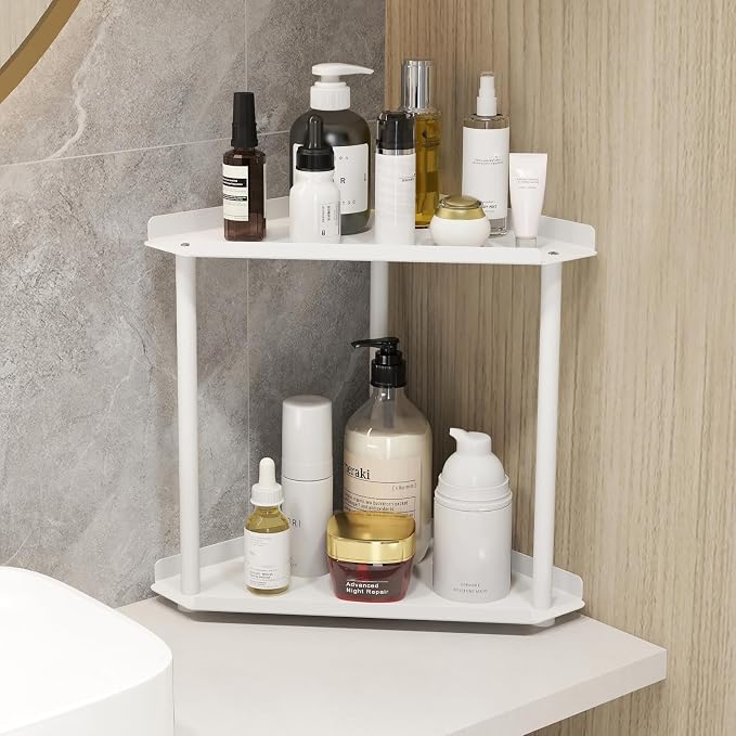 Jesginboo 2 Tier Bathroom Counter Organizer, Vanity Organizer Corner Shelf, Skincare, Makeup Countertop Organizers, Kitchen, Bathroom Counter Storage, White