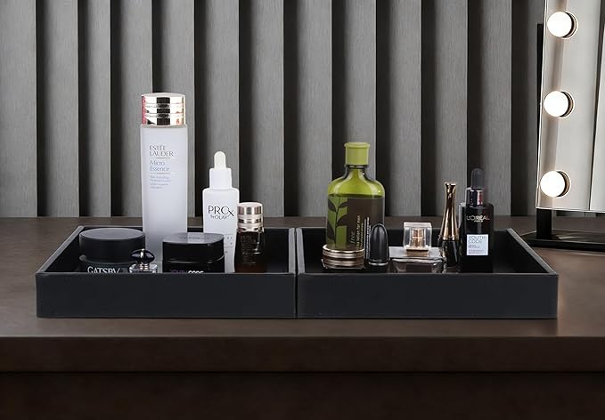 HofferRuffer Faux Leather Vanity Tray, Elegant Desktop Storage Organizer, Decorative Catchall for Perfume, Bathroom Valet, Nightstand or Dresser, 10" x 10" x 1.8" (Black)