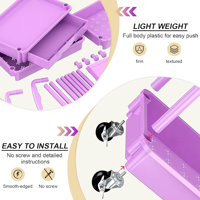 Goovilla 3 Tier Rolling Utility Cart Organizer with Removable Drawer, Stable and Sturdy Purple Rolling Storage Carts with 2 Lockable Wheels for Bathroom, Kitchen, Snack, Craft, Makeup, Baby Essentials