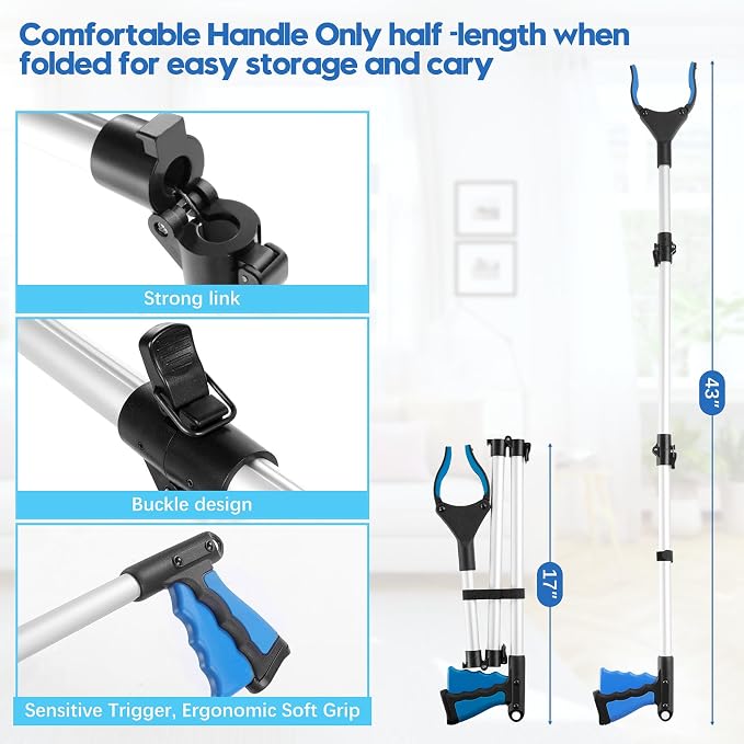 43 Inch Grabber Reacher Tool, Grabbers for Seniors Heavy Duty, Trash Picker Upper Grabber, Collapsible and Easy to Store, Wide Jaw, Grips Items Easily and Securely