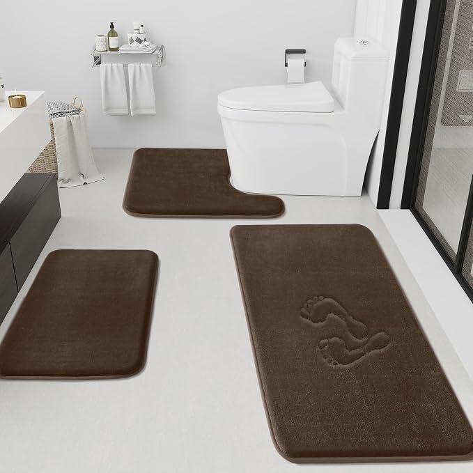 HUXMEYSON Bathroom Rugs Sets 3 Piece, Non-Slip & Quick Dry Bath Mat Set, Ultra Soft Velvet Bath Rugs for Bathroom, Toilet and Shower Floor, Brown
