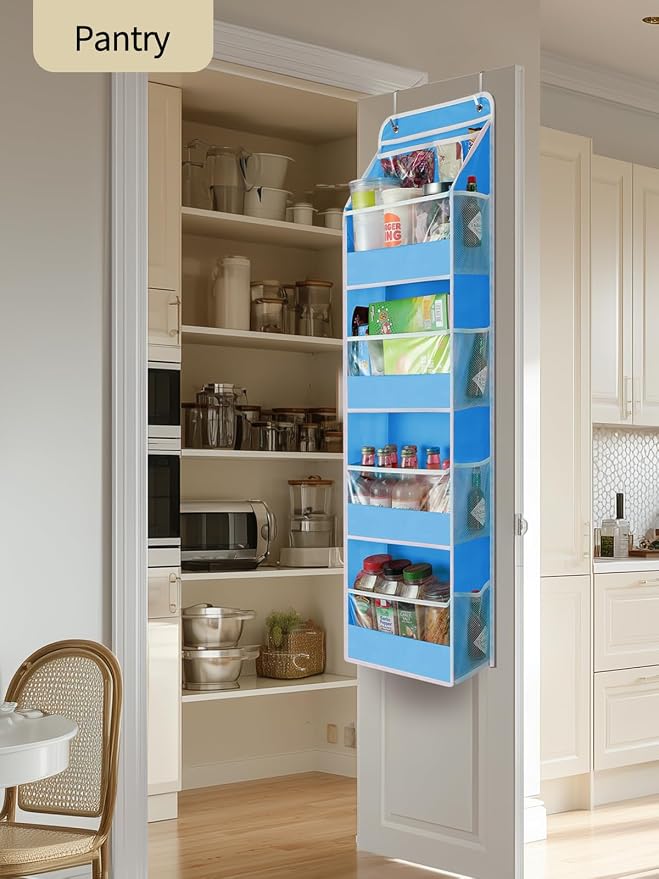 Yecaye 5 Tier Over the Door Organizer, Stuffed Animal Storage with Clear PVC Windows, Pink Room Decor for Dorm Essentials Bedroom Nursery Closet Laundry Pantry Bathroom, Soft Sky Blue