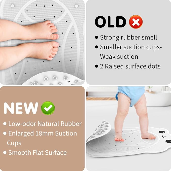 Upgraded Kids Bathtub Mat Non Slip, Low-Odor Natural Rubber Bath Mat with Strong 18mm Suction Cups, Flat Non-Slip Surface, 30"x18" Cute Frog Design, Shower Mat Fast Draining for Smooth Tubs, Beige