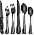 EWFEN 24-Piece Black Silverware Set with Steak Knives, Black Flatware Set for 4, Food-Grade Stainless Steel Tableware Cutlery Set, Mirror Finished Utensil Sets for Home Restaurant, Pearled Edge