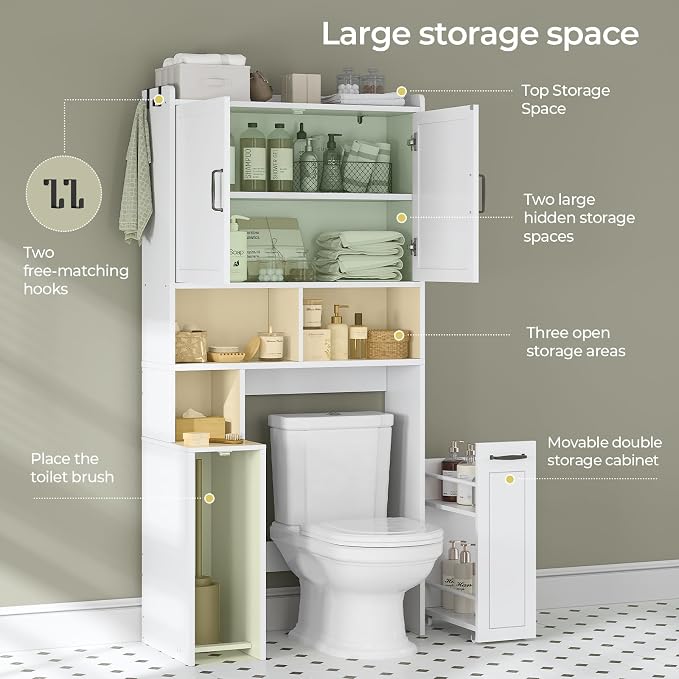 UPOSOJA Over The Toilet Storage Cabinet with Pulley Small Bathroom Storage Cabinet, Space Saver W/Adjustable Shelf & Open Shelf for Bathroom, Restroom, Laundry (White)