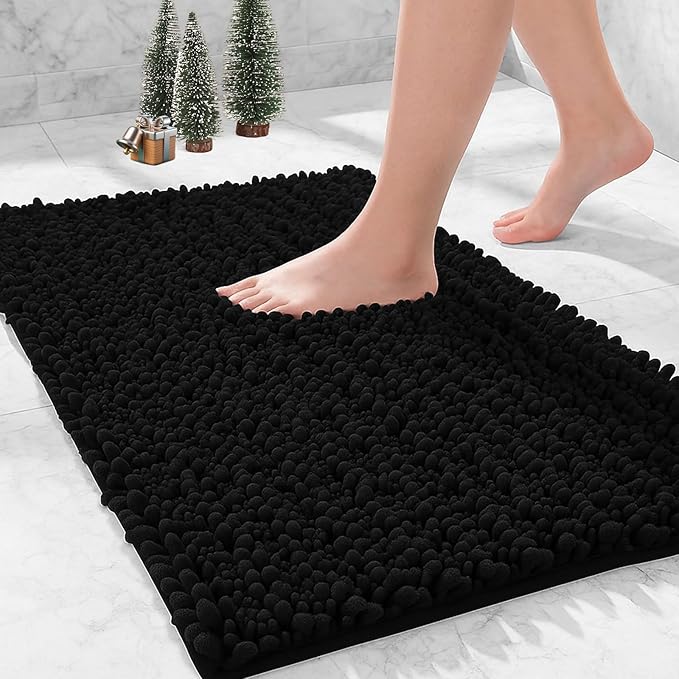 Bathroom Rugs Non Slip Washable 32x20, Extra Thick Soft Chenille Absorbent Bath Mat, High Density Barrier Non Slip Backing, Quick Dry Plush Shaggy Floor Carpet for Tub&Shower, Black