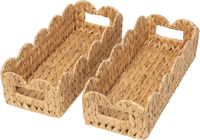 Coeusy 2 Pack Toilet Baskets,Scalloped Edge Wicker Basket for Toilet Paper Storage,Small Baskets for Bathroom,Living Room,Countertop,Shelves,Both Organizer & Decor,Natural Water Hyacinth