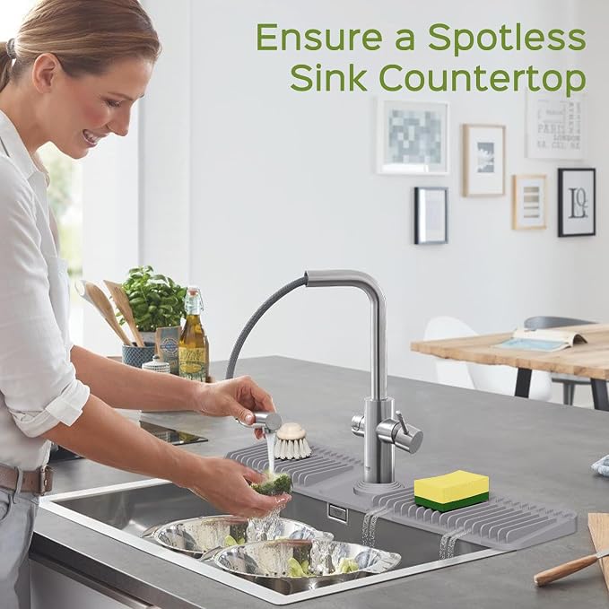 24 Inch Silicone Faucet Mat for Kitchen Sink Splash Guard – 2025 Upgraded Draining Mat with Water Tray Behind Faucet – Countertop Protectors to Catch Spills (Gray, 24" x 5.5" )