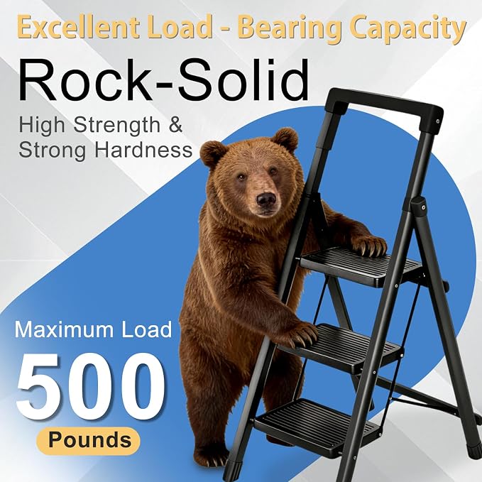 3 Step Ladder with Handrail Folding Step Stool with Tool Tray 500LBS Capacity Sturdy Carbon Steel Frame Anti-Slip Stripe Pedal for Home Kitchen Garage (black-3step)