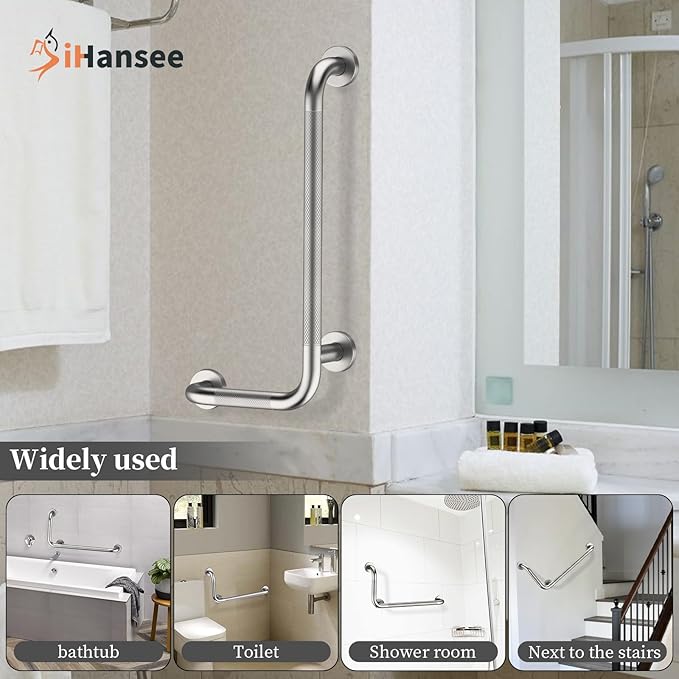 Brushed Nickel Angled Grab Bar 12x24 Inch, iHansee Bathroom Safety Bar w/Anti-Slip Knurled Grip, Wall Mount L-Shaped Shower Handle for Elderly Senior Handicap, Toilet Bathtub Balance Support Bar