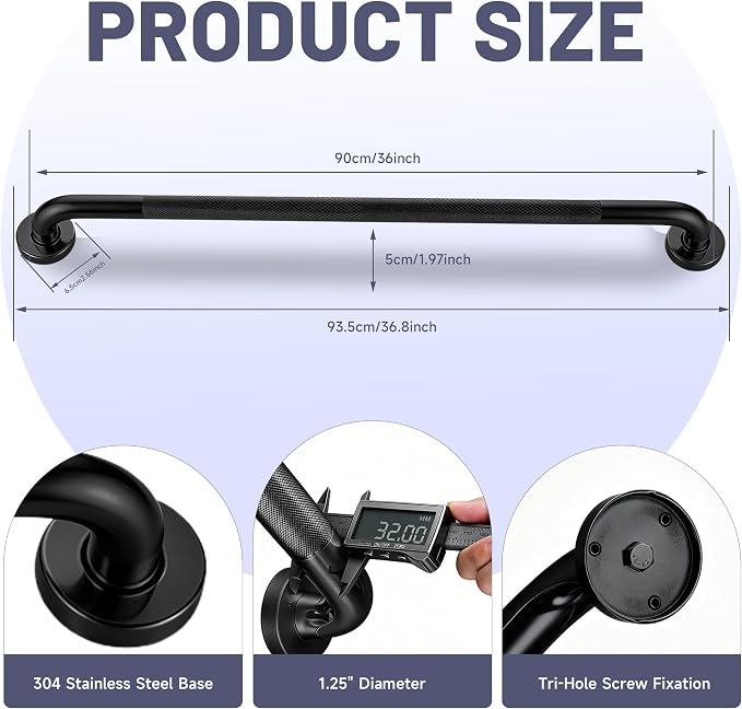 36 Inch Shower Grab Bar, XIANTHUS Black Anti Slip Safety Bars, 304 Stainless Steel Bathroom Handrail, Handicap Grab Bars for Wall, Shower Grip Handle for Seniors Elderly Injury Assist Bath (1.25" Dia)