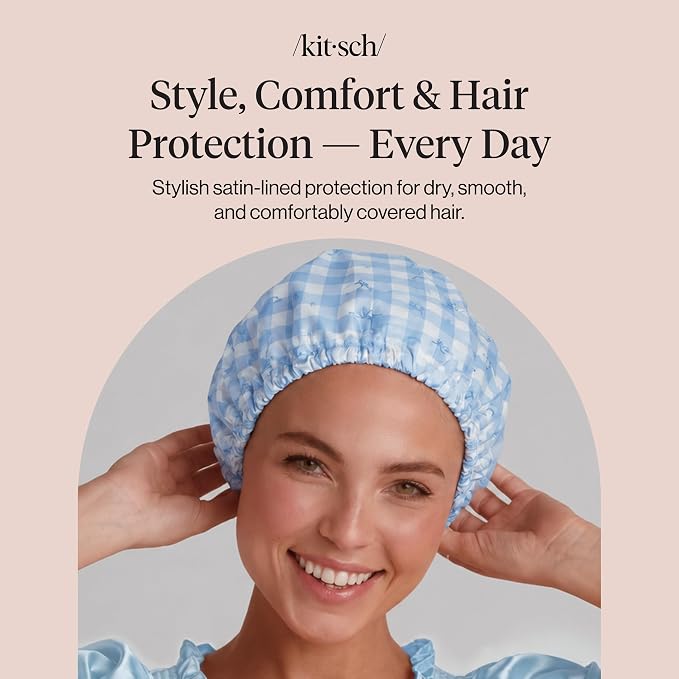 Kitsch Luxury Satin-Lined Flexi Shower Caps for Women Reusable Waterproof - Large Wide Shower Cap for Women & Men, Adjustable, Stylish Hair Cap for Showers, For Long & Short Hair - Gingham Blue