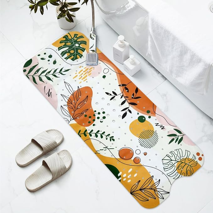 Bathtub Mat Non Slip 40x16In Extra Long Boho Bath Mat for Tub Decorative Bath Tub Mat with Drain Holes Suction Cups Palm Monstera Tropical Bathroom Decor Boho Shower Mats for Inside Shower Orange