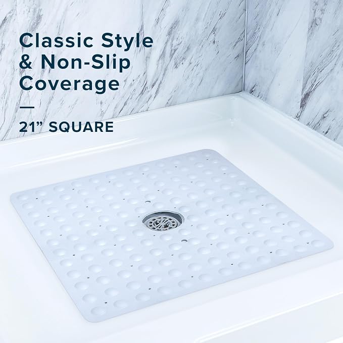 SlipX Solutions Square Natural Rubber Shower Stall Mat, 21” x 21”, Mildew Resistant, Non Slip Safety, Antimicrobial Product Protection, 140 Power Grip Suction Cups, Center Drain Hole, White