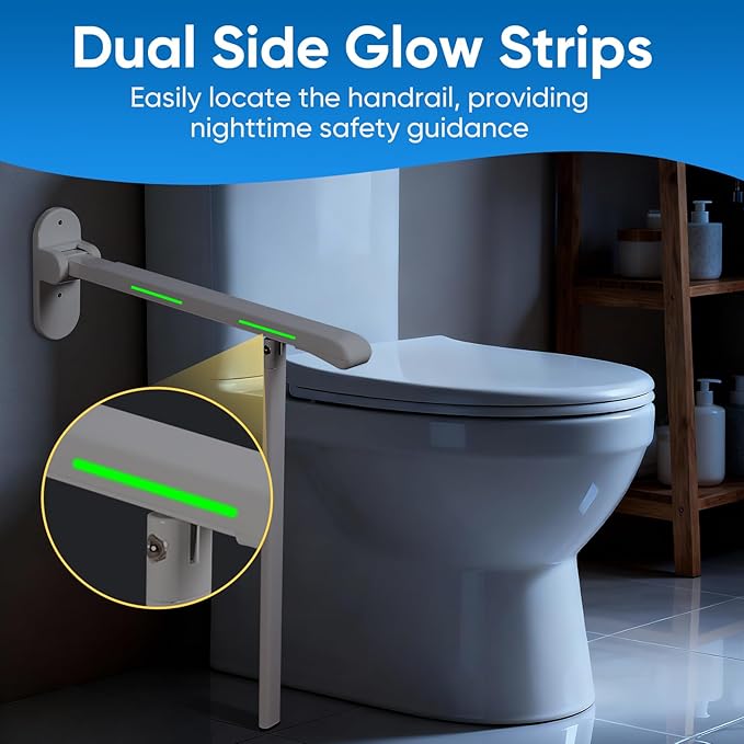 26.8 INCH Flip-Up Toilet Grab Bar, Wall-Mounted Safety Rail for Bathroom, Night Glow Strips on Both Sides, Folding Handrail for Elderly & Disabled
