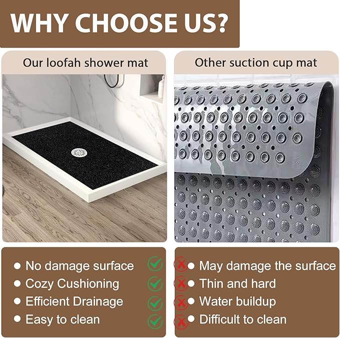 Shower Mat Non Slip: 35.4 x 23.6 Inch Extra Large Shower Mats for Inside Shower with Drain Hole - Soft PVC Loofah Anti Slip Shower Stall Mat for Walk-in Shower and Bathroom, Quick Drying