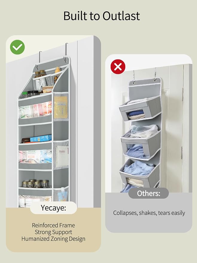 Yecaye 5 Tier 2 Pc Over the Door Organizer, Swing-proof Door Organizer Hanging with Clear PVC Windows, Behind the Door Storage for Bedroom Nursery Closet Laundry Pantry Bathroom, Grey