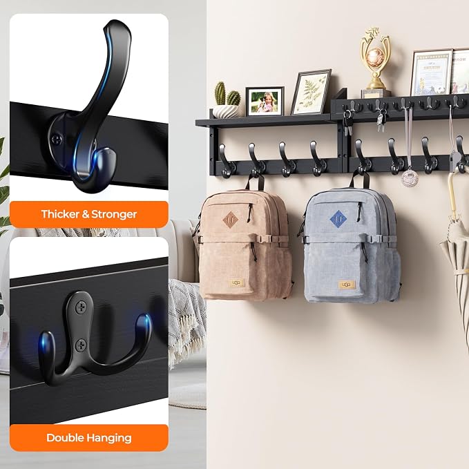 Evermagin 35" Coat Rack Wall Mount with Shelf, 4 in 1 Wall Mounted Coat and Key Hanger with 13 Hooks, Entryway Key Holder with Mail Holder for Living Room, Bedroom, Black