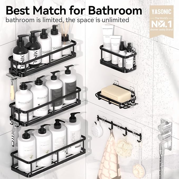 YASONIC Shower Caddy Adhesive, 100% Rustproof Shower Organizer with Soap Holder, Large Capacity Shower Shelves for Inside Shower, No Drilling Bathroom Organizers and Storage for Home Decor 6 Pack