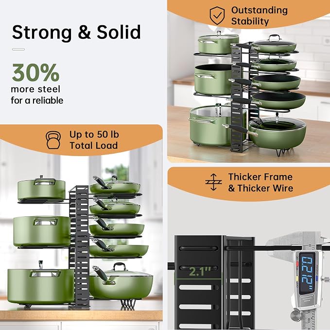 MUDEELA Pots and Pans Organizer Rack under Cabinet 8-Tiers Adjustable Pot Rack with 3 DIY Methods, Expandable 11.65'' to 19" Pot Lid Organizer for Kitchen Pantry Cabinet Organization and Storage