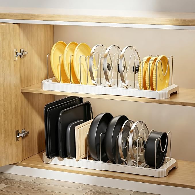 MUDEELA Pots and Pans Organizer under Cabinet, Pot Rack with Expandable Pot Lid Organizers Holder for 10 Adjustable Dividers, Pan Organizers inside Cabinet for Pan Lids, Cutting Boards, Baking Sheets