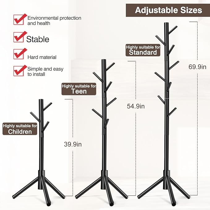 WANGMUXIA 2 PCS Coat Rack, Freestanding Coat Rack with 8 Hooks and 3 Adjustable Size Tree Coat Racks for Bedroom, Hallway, Entrance, Office, for Hats, Coats, Scarves, Handbags