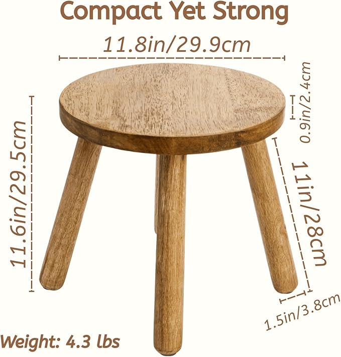 Youeon 12 Inch Round Solid Wooden Step Stool, Non-Slip One Step Stool for Adults, Holds up to 300 Lbs, Portable & Sturdy, Footstool for Bedroom, Bathroom, Kitchen, Easy to Assemble