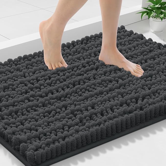 Smiry Bathroom Rugs Mat 30x18, Extra Soft Absorbent Chenille Bath Rugs, Non Slip Rubber Backing Machine Washable Quick Dry Bath Mats for Bathroom Floor, Tub, Shower, Home Decor Accessories, Dark Grey