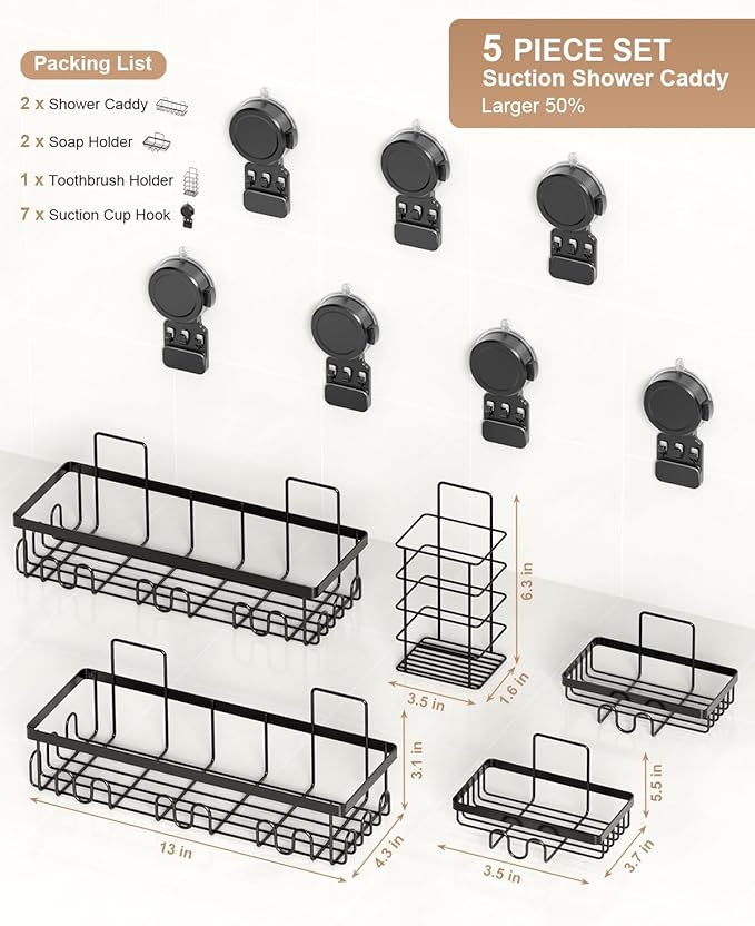 JOTPE Shower Caddy Suction Cup 5 Pack, No Drilling & Removable Suction Cup Shower Shelf for Bathroom with Large Capacity, Powerful Shower Organizer Max Hold 40 lbs, Waterproof Bathroom Shelf, Black